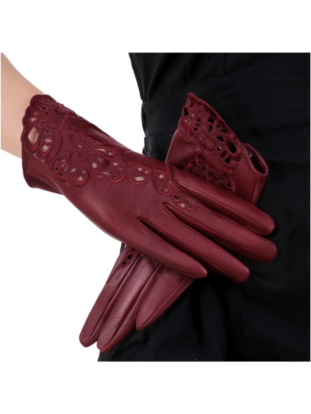 Women's Burgundy Unlined Touchscreen Genuine Leather Floral Sheepskin Gloves